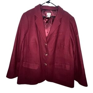 LL Bean Wool Cashmere Blend Blazer Women's Size 26W Jacket Berry Red Button Down